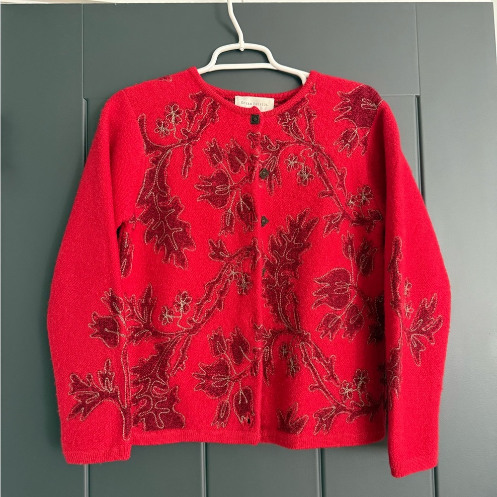 Susan Bristol Red Floral Cardigan 100% Wool